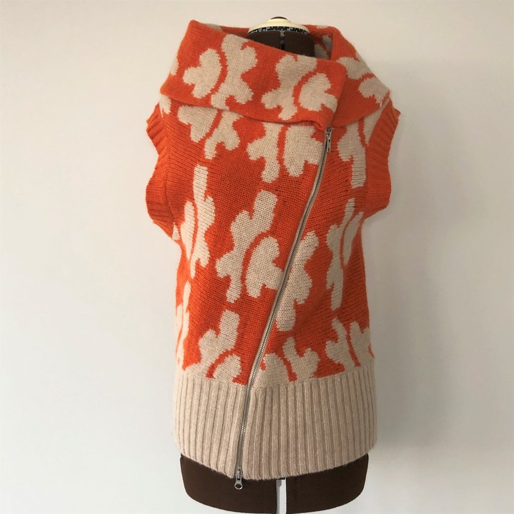 Orange and Cream Floral Knit Vest with Diagonal Zipper Closure